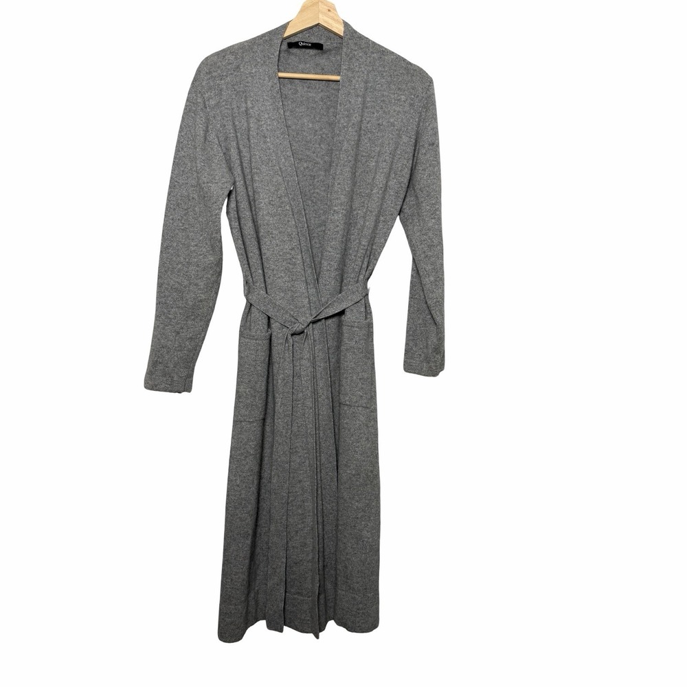 Quince Womens 100% Cashmere Long Duster Cardigan Sweater Gray S Belted Pockets